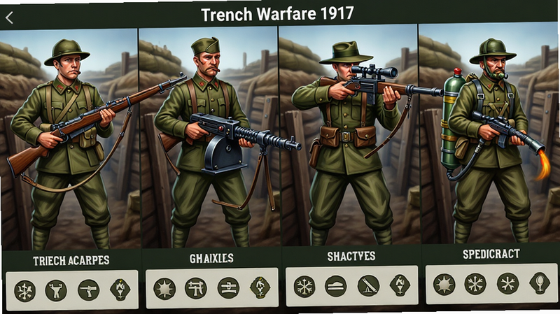 ���壺Trench Warfare 1917����չʾ���棬���������в�ǹ������ǹ�֡��ѻ��֡������ĸ��������档���֣�ÿ�������·���ע�������������ͼ�꣬����Ϊս�����¡��Ű棺���ú����Ĺ��񲼾֣���������Լռ����60%������ͼ���׺���·������дʵ���·������ϸ�ڷḻ��ͻ��װ��������ϸ�ڣ���ǹ���ֳ���-���ƶ��²�ǹ����ǹ�ֲ��������߻�ǹ���ѻ��ִ�����׼������������ȼ�Ϲޡ����ʣ����壬ɫ�ʱ��ͣ��ɾ��޶���Ԫ�ء�