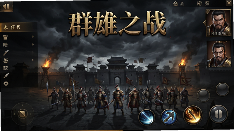 群雄之战暗黑专属免费版游戏主界面预览图,游戏标题“群雄之战”用暗金哥特字体居中置顶,下方是三国武将列阵的主城场景,背景为暗黑风格的乌云与烽火,整体布局为竖版手游UI,左侧任务栏,右侧武将头像,底部技能按钮,画质精细,暗黑光影,干净无多余元素