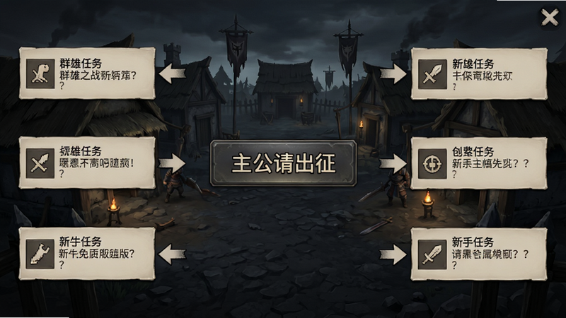 群雄之战暗黑专属免费版新手引导界面截图,屏幕中央显示“主公请出征”按钮,周围有新手任务提示框,背景为暗黑风格的新手村,布局简洁,箭头指引清晰,画质干净,无多余元素