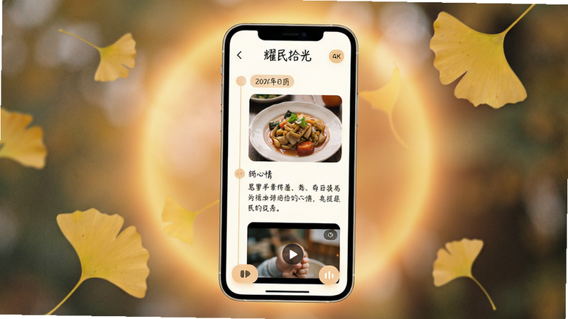 ���壺һ�����ŵ��ֻ���Ļ����Ļ����ʾ��ҫ��ʰ�⡱Ӧ�õ������棬��������ʱ���߲��ֵ���Ƭ�����ּ�¼�����֣��ֻ����У���Ļ���������ɼ�����Χ����͵�ůɫ���κͼ�ƬƮ�������Ҷ���Ű棺�ֻ���Ļ�ڴ��ϵ������������ڱ�ǩ��һ��ʳ����Ƭ��һ���������顢һ������Ƶ����ͼ������������գ���ů���������е�������ϵ��Ƭ�У�ϸ�ڣ���Ƭ����һ����΢��㣬��������Ϊ��д�壬���水ťԲ�󣻻��ʣ�4K���ɾ����޶���Ԫ��