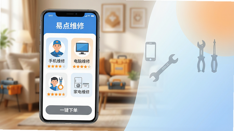 主体:一部智能手机屏幕显示“易点维修”APP主界面,界面清晰展示“手机维修”、“电脑维修”、“家电维修”三大服务入口,背景为温馨的家庭客厅环境。布局:手机居中偏左,右侧留白处用柔和的渐变底色衬托,界面图标呈三列排布,上方是APP名称“易点维修”字样。排版:信息层级分明,字体圆润清晰,服务分类图标简洁直观,底部有“一键下单”按钮。风格:扁平化设计,色彩以蓝色和白色为主,辅以橙色点缀,整体明亮干净,传递专业与信赖感。细节:手机屏幕内展示维修技师头像和用户好评星级,背景有模糊的工具箱和维修工具剪影,画质高清,干净,无多余元素。
