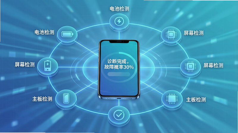 主体:一部手机连接着几个虚拟的“诊断节点”图标,节点上标注“电池检测”、“屏幕检测”、“主板检测”等字样,背景为科技感的光效网格。布局:手机位于画面中心,诊断节点围绕手机呈环形排列,节点之间有发光的连线。排版:文字标签清晰,节点大小有序,整体有从中心向外辐射的动势。风格:现代科技风,蓝色与青色渐变,光效柔和,背景简洁。细节:手机屏幕内显示“诊断完成,故障概率30%”的模拟界面,画面干净,无多余元素,画质高清。