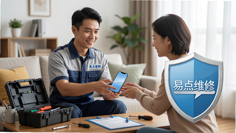 主体:一位维修技师正微笑着将修好的手机递给用户,两人在整洁的客厅中,茶几上放着工具箱和维修工单。布局:人物位于画面中央偏左,右侧放置一个带有“易点维修”标识的保障盾牌图标。排版:主体人物清晰,盾牌图标醒目,背景有虚化的家具,层次分明。风格:写实生活化风格,色调温暖,光线自然,传递安心、可靠的感觉。细节:维修技师穿着统一工作服,胸前有“易点维修”logo,用户表情满意,画面干净,无多余元素,画质高清。