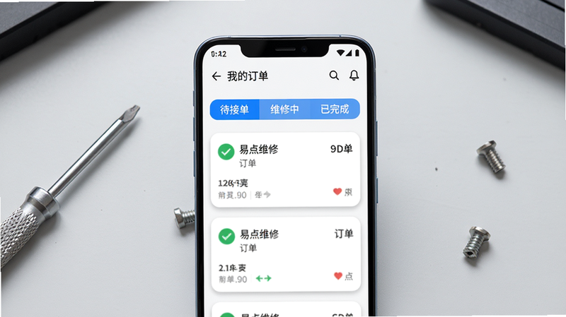 主体:一部安卓手机竖屏显示“易点维修”的“我的订单”页面,页面内有清晰的“待接单”、“维修中”、“已完成”三个标签,下方是订单卡片。布局:手机居中,背景为浅灰色桌面,桌面上有螺丝刀和一个小螺丝。排版:手机屏幕内订单信息条理清晰,标签栏使用蓝色高亮,卡片有圆角阴影。风格:界面截屏风格,贴近真实使用场景,光线柔和,细节丰富。画质清晰,干净,无多余元素。