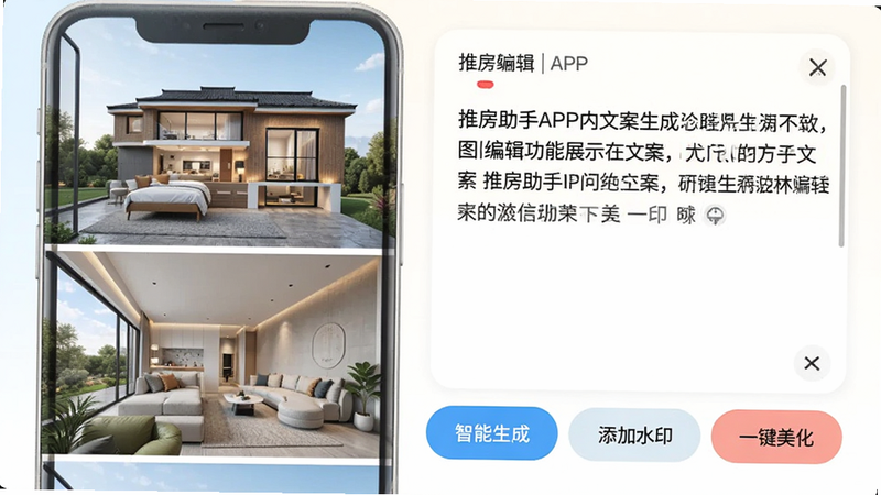 �Ʒ�����APP���İ�������ͼƬ�༭����չʾ��ҳ�����Ϊ��Դ��Ƭ���Ҳ�Ϊ�İ��༭���·��С��������ɡ�������ˮӡ����һ���������Ȱ�ť��ɫ�������������Ѻã�����ϸ�壬�޶���Ԫ��