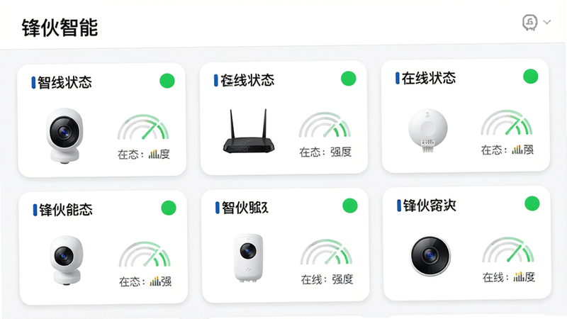 主体:锋伙智能APP的设备管理界面,展示多个智能设备卡片,如摄像头、路由器、传感器。布局:卡片式布局,三列排列,每张卡片上有设备名称和状态图标。排版:顶部有“锋伙智能”标题栏,下方为设备列表,每个卡片包含设备缩略图、在线状态、信号强度。风格:简洁卡片风格,白色背景,圆角矩形,绿色在线指示灯。细节:设备图标清晰,信号强度用弧形线条表示,整体界面干净明亮。画质:高清,干净,无多余元素。