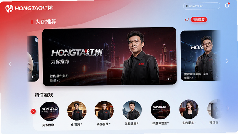 主体:HONGTAO红桃的“智能推荐”界面。布局:中央为推荐位轮播图,下方为“猜你喜欢”横向滑动列表。排版:推荐位大图带标题,列表项为圆形缩略图。风格:科技感,背景渐变。细节:界面显示“为你推荐”字样,红色点缀。画质:细腻,干净。