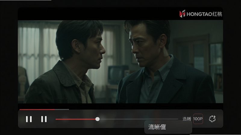 主体:HONGTAO红桃播放器界面。布局:视频画面居中,下方为控制栏(播放/暂停、进度条、清晰度选择)。排版:控制栏半透明,清晰度选项以弹窗展示。风格:沉浸式暗色模式。细节:画面中正在播放电影,右上角显示“HONGTAO红桃”水印。画质:1080P高清,干净。