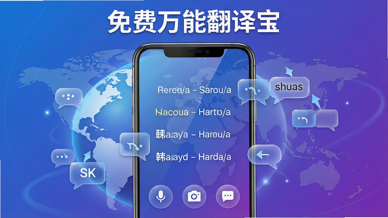 主体:一款名为“免费万能翻译宝”的安卓翻译软件界面,屏幕中显示多语言互译效果,背景为地球与语言气泡图标。布局:居中展示手机模型,屏幕内呈现中英日韩四国语言对照文本,下方排列语音、拍照、对话等圆形功能按钮。排版:手机模型占画面60%,四周留白,标题“免费万能翻译宝”置于顶部。风格:现代科技感,蓝紫渐变主色调,光影通透。细节:手机屏幕反光,语言气泡带有翻译箭头,背景隐约有世界地图线条。画质:8K超清,干净,无多余元素。