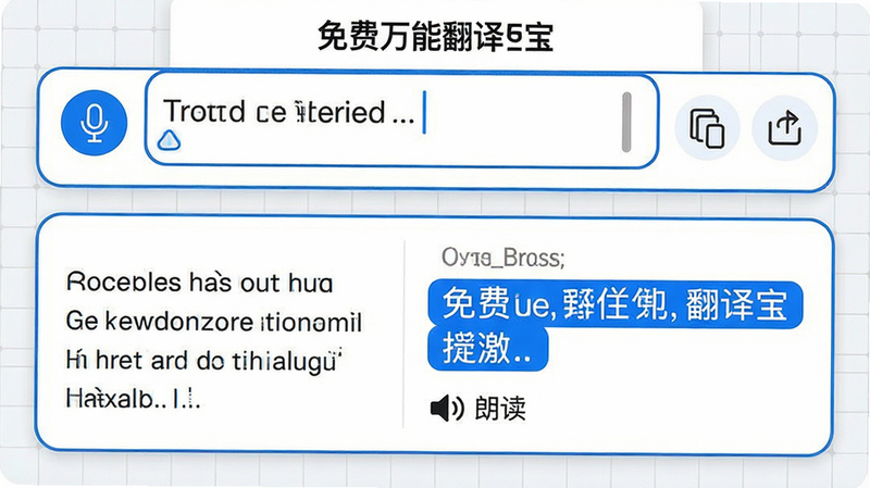 主体:“免费万能翻译宝”文本翻译界面特写,左右分栏显示原文与译文,原文为英文,译文为中文。布局:上下结构,上方为输入区带麦克风图标,下方为结果区带发音按钮,右侧有复制与分享图标。排版:文本左对齐,字体清晰,译文用蓝色高亮。风格:简洁扁平化设计,白底蓝边,圆角卡片。细节:输入区有光标闪烁,译文下方显示“朗读”小喇叭图标,背景有淡灰色网格。画质:4K高清,干净,无多余元素。