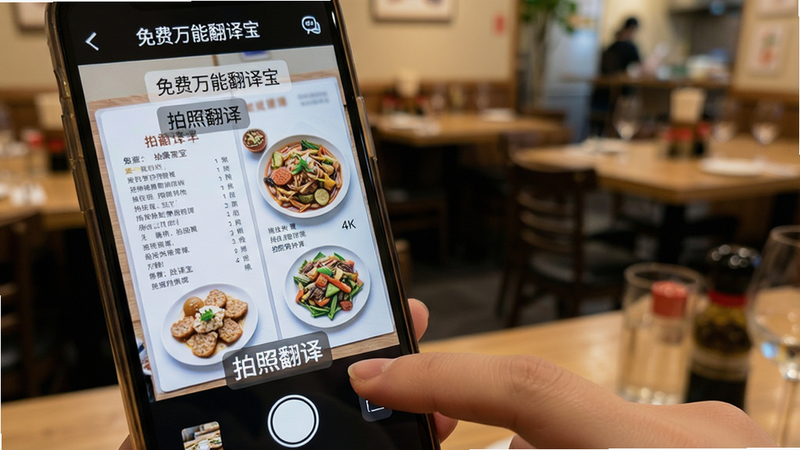 主体:“免费万能翻译宝”在手机上运行的使用场景,用户正用拍照翻译功能拍摄菜单。布局:前景为手机屏幕特写,屏幕内显示菜单原文与译文,背景为模糊的餐厅环境。排版:手机屏幕占画面70%,译文清晰可见,底部有“拍照翻译”字样。风格:生活化写实风格,光线柔和。细节:用户手指轻触屏幕,菜单上有菜品图片,译文标签半透明。画质:4K高清,干净,无多余元素。