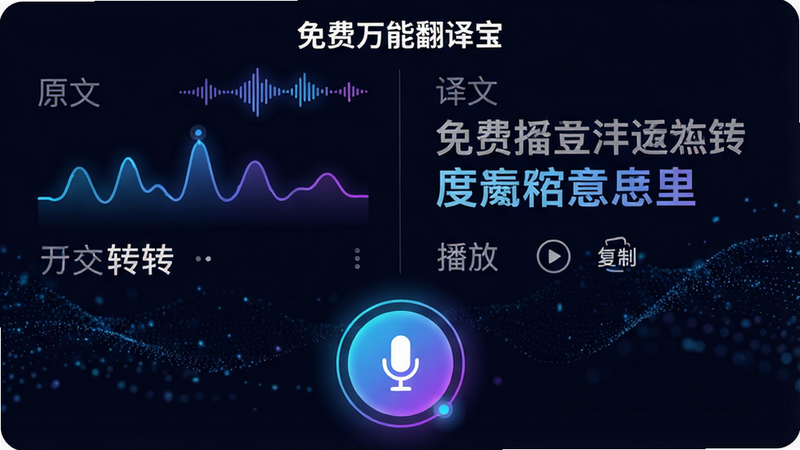 主体:“免费万能翻译宝”语音翻译界面,底部有麦克风按钮,上方显示语音波形与翻译结果。布局:左右结构,左侧为原文语音转文字,右侧为译文文字,底部中央大麦克风按钮。排版:波形图动态起伏,译文文字大号加粗,按钮周围有渐变光圈。风格:科技感,深色背景配蓝紫光效。细节:麦克风按钮带有呼吸灯效果,翻译结果下方有“播放”与“复制”小图标,背景有数字粒子流动。画质:8K超清,干净,无多余元素。