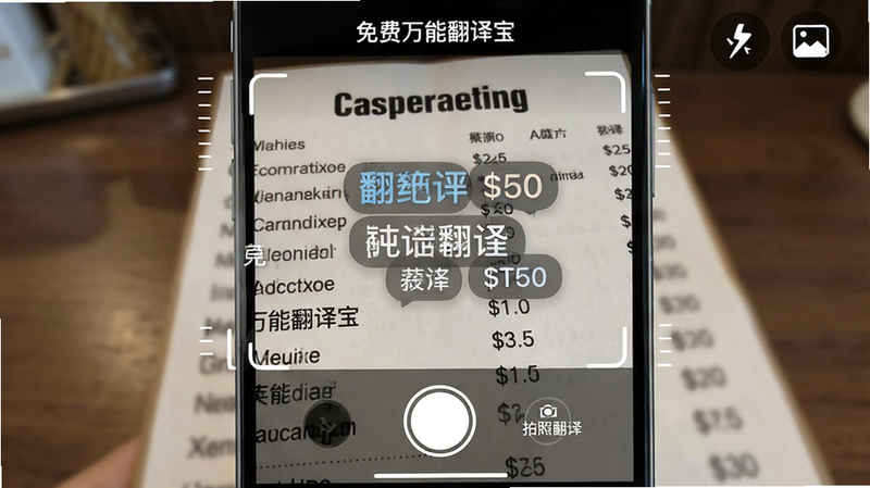 主体:“免费万能翻译宝”拍照翻译界面,手机对准一张英文菜单,屏幕上实时叠加中文译文。布局:取景框中央显示菜单,底部有拍照按钮,右上角有闪光灯与相册图标。排版:译文以半透明标签形式贴在原文上方,字体清晰,颜色与原文区分。风格:写实与AR结合,取景框边角有扫描线。细节:菜单上有菜品名称与价格,译文标签带有圆角背景,底部按钮有“拍照翻译”字样。画质:4K高清,干净,无多余元素。