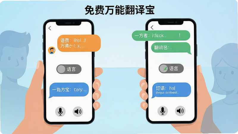 主体:“免费万能翻译宝”对话翻译界面,两人面对面手持手机,屏幕显示双语对话气泡。布局:上下分栏,上方为说话者一方的语言气泡,下方为另一方,中间有语言切换按钮。排版:气泡圆润,自己说话在右,对方在左,颜色区分。风格:卡通扁平化,背景为渐变浅蓝色。细节:人物剪影半透明,气泡中有翻译文本,底部有麦克风与扬声器图标。画质:4K高清,干净,无多余元素。