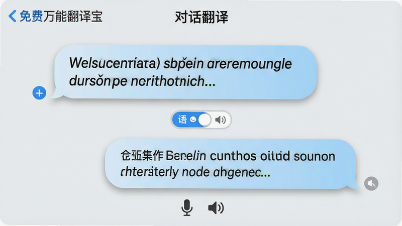 主体:“免费万能翻译宝”的对话翻译界面,两人对话气泡中显示中英对照。布局:上下结构,上方为英文气泡,下方为中文气泡,中间有语言切换按钮。排版:气泡圆润,字体清晰,背景为浅灰色。风格:简洁清新,带有淡蓝色渐变。细节:气泡边缘有阴影,底部有麦克风与扬声器图标,顶部有“对话翻译”标题。画质:4K高清,干净,无多余元素。