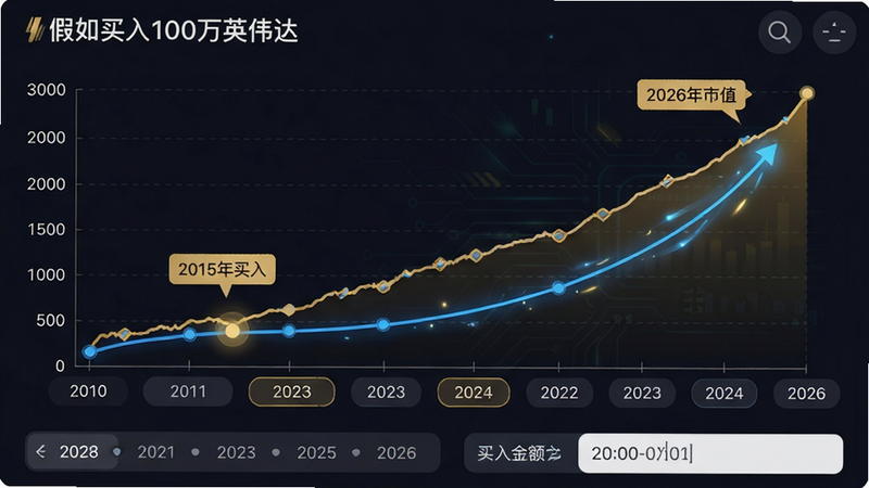 主体:一款名为“假如买入100万英伟达”的安卓应用界面,展示历史股价走势图,时间轴从2010年到2026年,股价曲线一路上扬。布局:图表占据屏幕主要位置,下方有年份选择器和买入金额输入框。排版:图表坐标轴清晰,数据点标注,年份按钮横向排列。风格:科技金融风格,深色背景,金色与蓝色线条。细节:图表上有“2015年买入”和“2026年市值”的对比标签,资金流动光效。画质:高清晰度,干净,无多余元素。