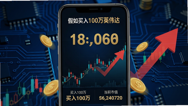 主体:一款名为“假如买入100万英伟达”的安卓手机应用界面,屏幕中央显示巨大的收益数字和K线图,背景是科技感十足的深蓝色电路板纹理。布局:手机竖屏居中,界面简洁清晰,上方为软件名称“假如买入100万英伟达”,下方显示“买入100万”与“当前市值”对比数据。排版:文字数据大字加粗,图表线条流畅,整体布局平衡。风格:现代扁平化设计,科技金融风格,色彩以蓝黑金为主。细节:手机屏幕上有模拟的英伟达股票走势图,红色上涨箭头,金币特效环绕。画质:8K超高清,干净,无多余元素。