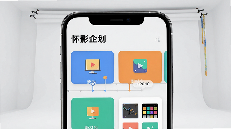 主体:手机屏幕展示“怀影企划”应用界面,界面中有清晰的项目卡片和色彩搭配;布局:手机居中,屏幕内容占据画面大部分,背景为干净的浅灰色工作室环境;排版:应用界面显示“怀影企划”字样和几个示意图标,排列整齐;风格:现代简约,扁平化设计风格,色彩明快;细节:屏幕上有类似时间轴和素材库的图形元素,暗示软件的规划与素材功能;画质:高清渲染,干净无多余元素。