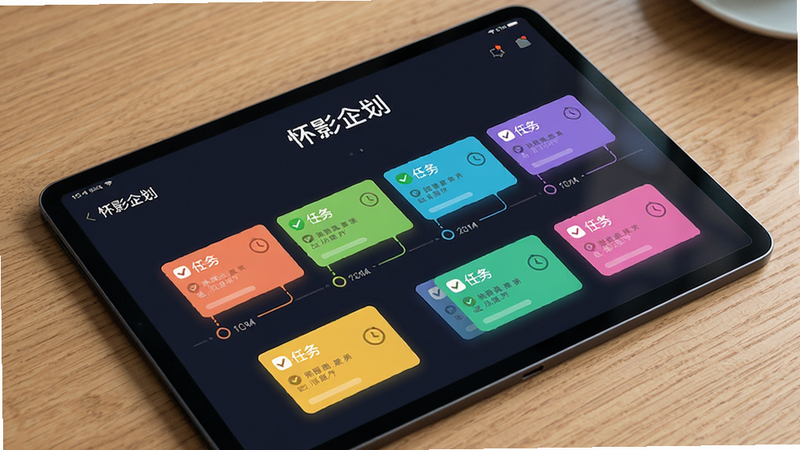 主体:一台平板电脑上运行“怀影企划”软件,展示其可视化的时间线管理界面;布局:平板斜放,界面上的彩色卡片按时间顺序排列,背景为木质桌面;排版:屏幕上有“怀影企划”的标题和多个彩色任务卡片;风格:清新商务风,色彩明亮;细节:卡片上带有对勾和时钟小图标,体现任务管理功能;画质:高分辨率,画面干净整洁。