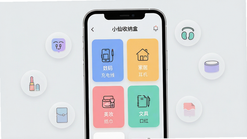 展示“小仙收纳盒”App的智能分类界面,主体为手机竖屏截图风格,屏幕中列出“数码”“家居”“美妆”“文具”四个彩色分类卡片,每个卡片上有一个简洁的线性图标,下方显示子分类名称如“充电线”“耳机”“纸巾”“口红”。背景为浅灰色,手机周围悬浮着几个半透明的圆形标签图标,风格为现代扁平插画,排版整齐,色彩柔和,细节丰富,画质清晰,无多余元素。