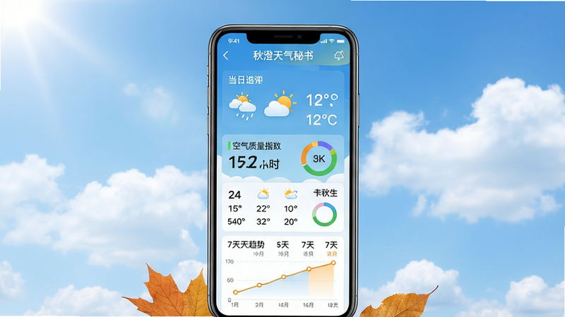 主体:手机屏幕展示秋澄天气秘书主界面,背景为晴朗蓝天白云,界面中央显示当日气温、天气图标与空气质量指数,下方依次排列未来24小时逐小时预报与7天趋势折线图。布局:手机居中,屏幕内容清晰可见,四周留白,下方点缀一片秋日落叶。排版:界面信息层级分明,标题栏“秋澄天气秘书”字样置于屏幕顶部,数据模块整齐排列。风格:扁平化设计,色彩清新自然,以天蓝、橙黄为主色调,融合秋日元素。细节:天气图标精致,温度数字清晰,空气质量指数以彩色圆环展示,整体界面干净无多余元素。画质:8K超清渲染,光影柔和,无噪点,无多余元素。