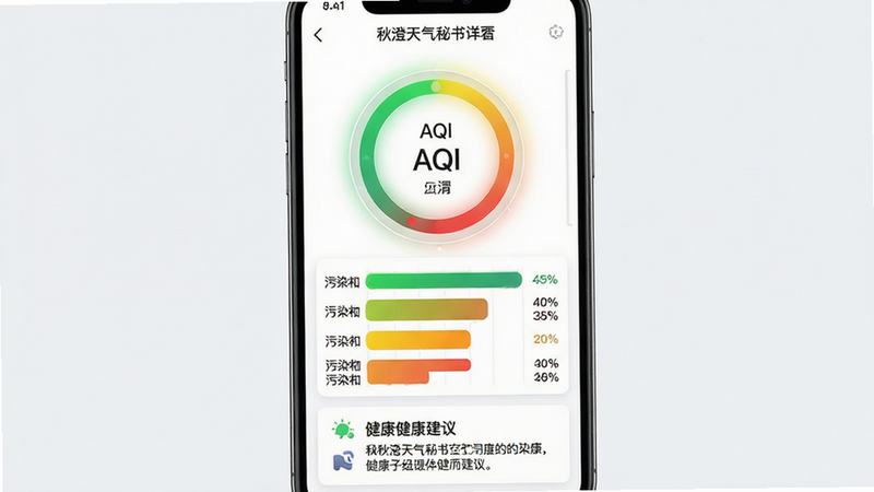 主体:手机屏幕展示秋澄天气秘书的空气质量详情页,中央显示AQI数值环,下方以彩色条形图列出六项污染物浓度,右侧列出健康建议文字。布局:竖屏显示,数值环置于屏幕中上部,条形图按污染物名称横向排列,健康建议以卡片形式置于底部。排版:色彩依据AQI等级由绿至红渐变,条形图颜色与浓度对应,建议文字清晰易读。风格:简洁数据仪表盘风格,白底浅灰卡片,强调数据可读性。细节:数值环带有发光边缘,污染物名称字体稍小但清晰,建议文字前加小图标,整体干净无多余元素。画质:超清矢量渲染,无多余元素。