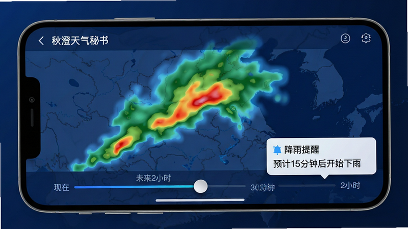 主体:手机屏幕展示秋澄天气秘书的降水雷达页面,地图上叠加绿色至红色的降雨云团动态移动轨迹,底部时间轴滑动条标示未来2小时。布局:手机横屏放置,地图占满屏幕,右侧弹出“降雨提醒”通知卡片。排版:雷达图层颜色渐变清晰,时间轴刻度标注“现在”、“30分钟”、“1小时”、“2小时”,提醒卡片置于右下角。风格:科技感UI,深蓝背景配发光色块,数据可视化。细节:云团边缘柔和,时间轴滑块带有阴影,通知卡片显示“预计15分钟后开始下雨”,整体干净无多余元素。画质:4K高分辨率,界面无锯齿,无多余元素。