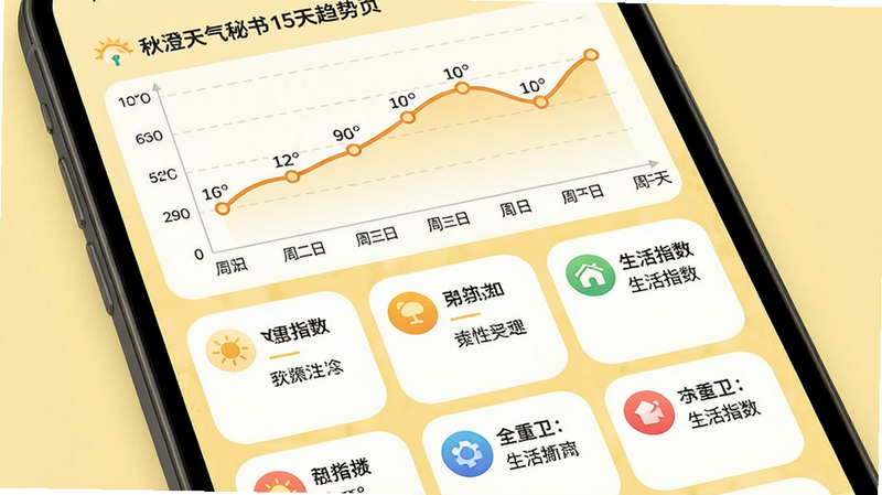 主体:手机屏幕展示秋澄天气秘书的15天趋势页,上半部分为气温折线图,下半部分为生活指数卡片网格。布局:竖屏,折线图占据屏幕上方约三分之一,下方为2行3列的生活指数卡片。排版:折线图横轴标注日期,纵轴标注温度,生活指数卡片各含图标与建议文字。风格:温暖明快的插画风格,背景浅黄,图标精致。细节:折线图上的温度点带有小圆点标记,生活指数卡片圆角设计,图标色彩各异,整体干净无多余元素。画质:高清细腻,无多余元素。