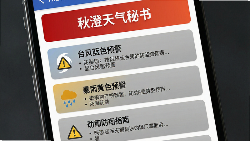 主体:手机屏幕展示秋澄天气秘书的预警通知界面,顶部为红色预警横幅,下方列出预警类型图标与防御指南文字。布局:竖屏,预警横幅位于屏幕顶部,下方为滚动列表,包含“台风蓝色预警”、“暴雨黄色预警”等条目。排版:横幅背景为红色渐变,文字白色加粗,列表条目以灰色卡片区分。风格:严肃醒目的通知风格,同时保持界面整洁。细节:预警图标为三角形感叹号,防御指南文字以项目符号列出,整体无多余元素。画质:高清无噪点。