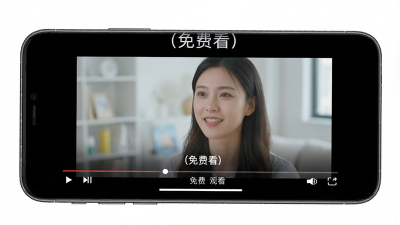 主体为手机屏幕显示“(免费看)”的播放页面,视频正在播放,底部有“免费观看”字样,布局为全屏播放器样式,风格干净明亮,细节包含清晰的画面和播放进度条,画质高清,无多余元素。