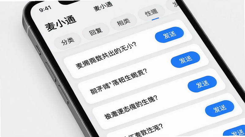 ��������Ϊһ���ֻ�Ӧ�ý��棬��Ļ��ʾ����Сͨ����ݻظ�ģ��ҳ�棬�Ϸ�Ϊ�����ǩ���·�Ϊ��Ƭʽ�����б���ÿ���������з��Ͱ�ť�����岼�����룬ɫ���԰�ɫ��ǳ��ɫΪ������ɫ��׺��ť��������ִ������ʸɾ����޶���Ԫ�ء�