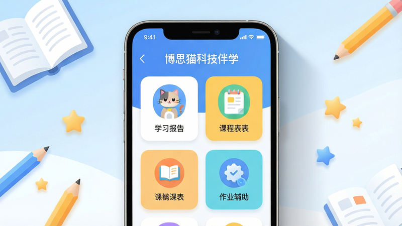 ���壺��˼è�Ƽ���ѧAPP����չʾ��������ʾһ�������ֻ�����Ļ��������ʾ����˼è�Ƽ���ѧ�������棬����ѧϰ���桢�γ̱�����ҵ������ģ��ͼ�ꡣ���֣��ֻ�λ�ڻ������룬����Ϊ��͵����׽��䣬���ܵ�׺�鱾��Ǧ�ʡ����ǵ�ѧϰԪ�ء��Ű棺����UI��ƽ����ƣ�ͼ��Բ��ɫ�����졣����ִ������Ƽ��磬�ɾ�����������������ϸ�ڣ��ֻ���Ļ���������ɱ棬������ͣ�ͶӰ��Ȼ�����ʣ���������Ⱦ���ɾ����޶���Ԫ�ء�