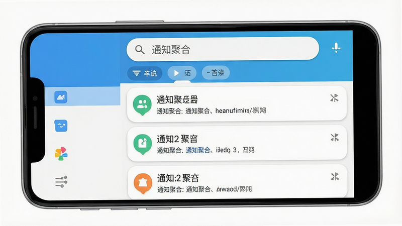 图片展示通知聚合软件的主界面,手机屏幕中央显示整齐分类的通知列表,顶部有搜索栏和筛选标签,左侧有侧边栏,整体界面简洁明亮,采用Material Design风格,图标圆润,色彩清新,画质高清,干净无多余元素,文字标注“通知聚合”