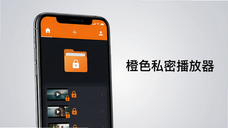 主体:一部智能手机屏幕显示橙色私密播放器主界面,界面以深色背景搭配橙色高亮图标,画面中央有一个带锁的文件夹图标。布局:手机位于画面中心偏左,右侧留白用于展示软件名称“橙色私密播放器”字样。排版:手机屏幕内展示简洁的列表视图,包含视频缩略图与加密标识。风格:现代科技感,扁平化设计,色彩对比鲜明。细节:手机边缘有细微反光,屏幕内容清晰可辨,背景为柔和的渐变灰色。画质:高清渲染,干净无多余元素。
