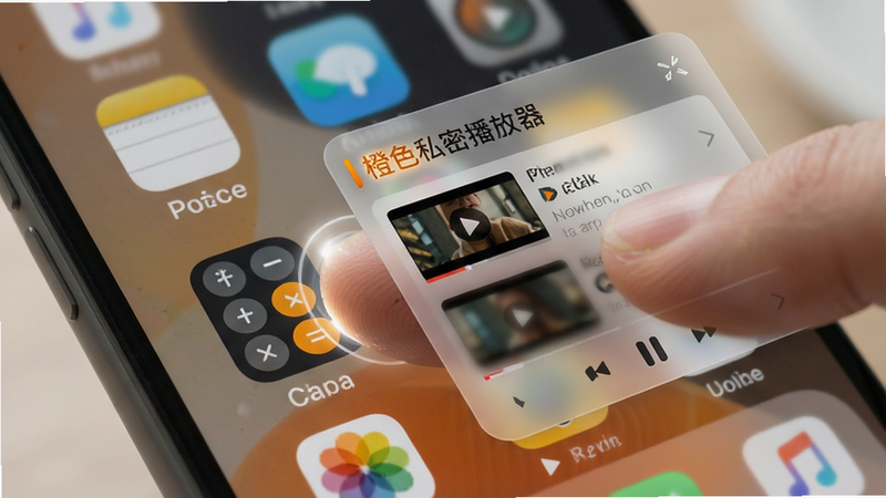 主体:一部手机桌面,其中一个应用图标显示为计算器样式,但用户手指长按后弹出隐藏的播放器界面。布局:手机桌面占据画面主体,隐藏界面以浮窗形式出现在屏幕上方。排版:桌面图标排列整齐,隐藏界面采用卡片式设计,显示“橙色私密播放器”字样与视频列表。风格:写实风格,光线柔和。细节:手指触控区域有高光提示,隐藏界面半透明背景毛玻璃效果。画质:4K高清,干净无多余元素。