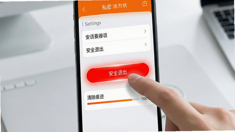 主体:手机屏幕展示橙色私密播放器的设置界面,包含“安全退出”按钮,手指正在点击该按钮。布局:手机居中,屏幕内容特写,背景为浅灰色办公桌面。排版:设置界面选项清晰,安全退出按钮为红色高亮,下方有“清除痕迹”进度条。风格:写实风格,光线明亮。细节:按钮周围有微光晕,进度条显示100%。画质:高清,干净无多余元素。