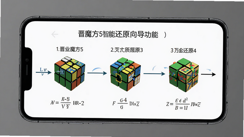 晋业魔方5智能还原向导功能图,主体为手机界面显示魔方还原步骤,布局分步展示,排版清晰,风格简洁明了,细节有箭头指示和公式标注,画质高清,干净无多余元素