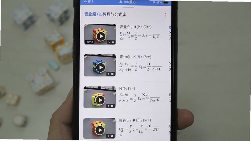晋业魔方5教程与公式库截图,主体为手机界面列表展示教程分类,布局列表式,排版规整,风格教育实用,细节显示视频缩略图和公式预览,画质清晰,干净无多余元素