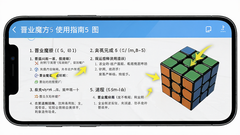 晋业魔方5使用指南配图,主体为手机横屏显示教程步骤,布局有文字和魔方模型,排版清晰,风格教学,细节有高亮提示箭头,画质干净,无多余元素