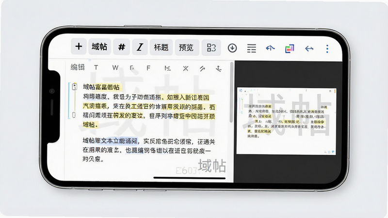 主体:手机横屏展示“域帖”富文本编辑界面,顶部有加粗、斜体、标题等工具按钮。布局:左侧为编辑区,右侧为预览区。排版:工具按钮排列整齐,文字高亮显示。风格:简洁商务风,浅色背景。细节:编辑区有示例文字和“域帖”水印。画质:高清,干净,无多余元素。