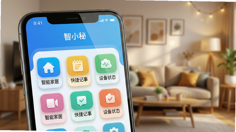 ���壺һ�������������ֻ���Ļ��д����Ļ��������ʾ��С��App�������棬���������µ����׽���Ϊ��ɫ���������С���С�ء����ֱ�ʶ���м������š����ܼҾӡ�������ݼ��¡������豸״̬���Ȳ�ɫ����ͼ�ꡣ���֣��ֻ�λ�ڻ�������ƫ���Ҳ����״�����һ����ܰ�Ŀ��������黯��Ӫ��ʹ�ó����С��Ű棺�ֻ���Ļ����Ϊ�Ӿ����㣬����ͼ�����Բ�Ǿ����������У����ֱ�ǩ�����ɶ������������ֱ�ۡ�����ִ���ƽ��UI��Ʒ�񣬽����΢��������Ӱ��ɫ������ͨ͸��չ�ֿƼ������׺�����ϸ�ڣ��ֻ���Ļ������Ȼ�����������ͣ�����ͼ���Եƽ����״̬����ʾʱ������������ʣ�8K��������Ⱦ��ϸ�ڷḻ������ɾ��޶���Ԫ�ء�