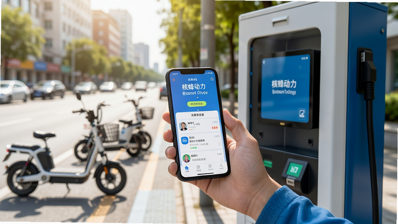 核蜂动力运营版手机APP使用场景图,用户手持手机在换电柜前操作,背景是城市街道和电动自行车,画面自然真实,光线明亮,构图平衡,画质高清,干净无多余元素