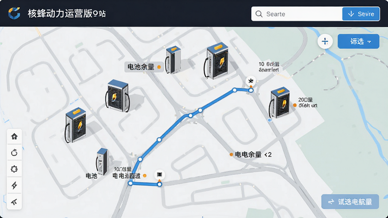 核蜂动力运营版换电站地图导航页面,显示周边多个换电柜位置和电池余量,地图风格清晰,带有路线规划线条,界面包含搜索框和筛选按钮,整体布局专业,画质高清,干净无多余元素