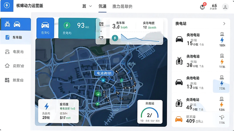 核蜂动力运营版软件主界面预览图,展示电动车换电地图导航和电池管理功能,界面简洁现代,以蓝色和白色为主色调,包含车辆状态卡片和换电站列表,整体布局清晰,画质高清,干净无多余元素