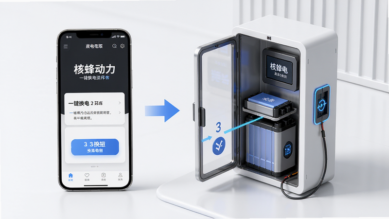 核蜂动力运营版一键换电操作流程演示图,展示手机APP界面点击换电按钮后,换电柜自动弹出电池的3D示意图,步骤清晰,带有箭头指示,风格现代简洁,画质高清,干净无多余元素
