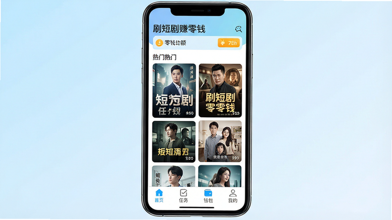 һ���ֻ���Ļչʾ��ˢ�̾�׬��Ǯ��APP�����棬���涥����ʾӦ�����ơ�ˢ�̾�׬��Ǯ������Ǯ���ͼ�꣬�м������Ŷ̾�����ٲ������ײ��С���ҳ���������񡱡���Ǯ���������ҵġ��ĸ�������������������������UI����ִ���࣬�ֻ����аڷţ�ǳ��ɫ���䱳�������ʸ��壬�ɾ��޶���Ԫ��