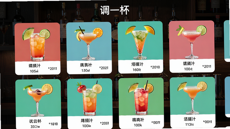 一张展示调一杯App主界面截图的图片,画面中央是色彩缤纷的鸡尾酒列表缩略图,每款酒下方标注名称与度数,背景为深色木质吧台,整体风格干净明亮,突出“调一杯”品牌字样,界面布局清晰,图片画质高清,无多余元素