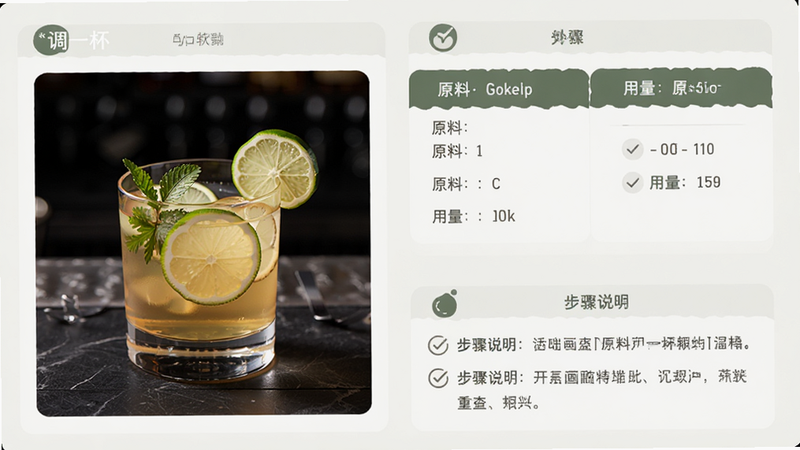 一张调一杯App配方详情页的预览图,页面左侧是酒水成品照片,右侧是原料列表和用量,下方是步骤说明,整体排版为卡片式设计,配色素雅,突出“调一杯”软件名称,画质清晰,无多余文字