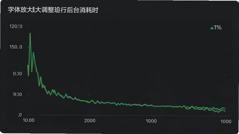 字体放大调整助手后台运行时的电量消耗图表,显示仅占1%的电量,背景为深色,图表用绿色线条表示低功耗,界面简洁,扁平化设计,画质清晰,无多余元素