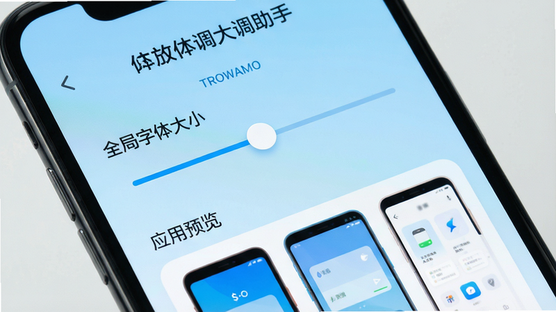 一张智能手机屏幕的特写,屏幕中显示“字体放大调整助手”应用的主界面,界面清晰展示“全局字体大小”调节滑块和“应用预览”区域,背景为浅蓝色渐变,整体布局简洁明快,扁平化设计风格,细节圆润,画质高清,干净无多余元素